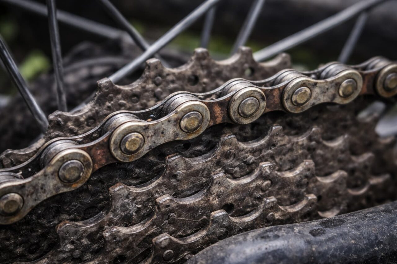 Beskidt og rusten cykelkæde der trænger til olie